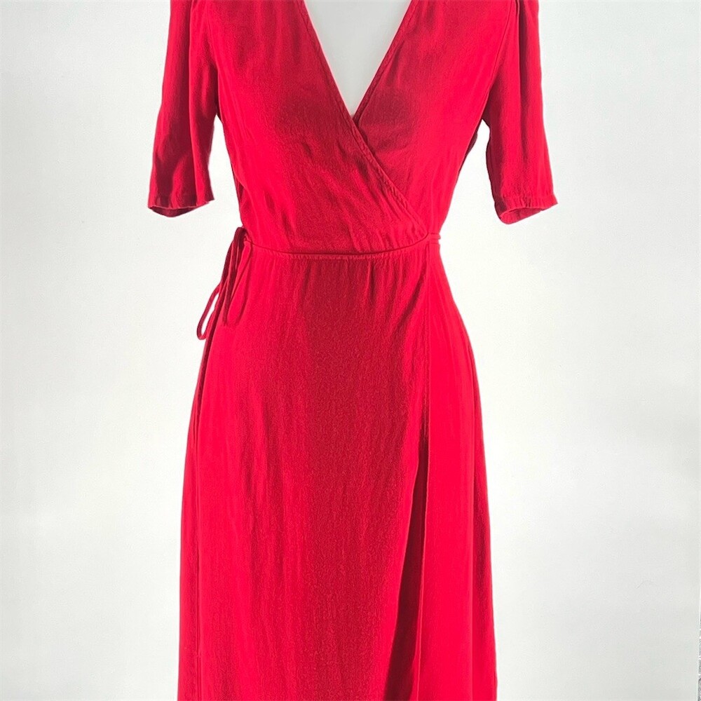 Reformation Marta Wrap Dress Womens XS Red V-Neck Midi Tie Waist Short